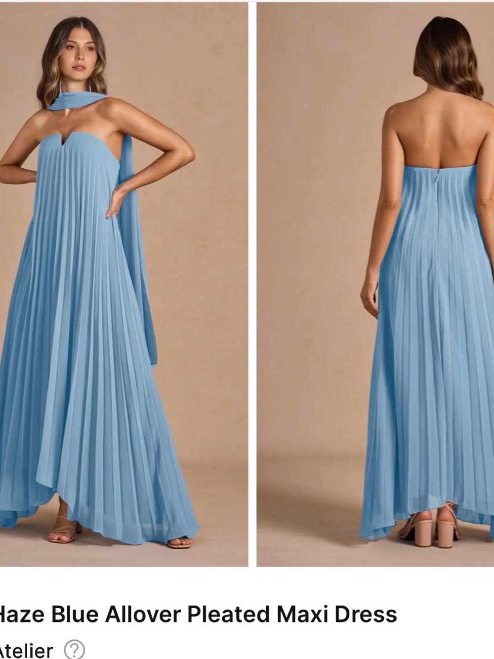 Azazie Haze Blue Strapless Pleated Maxi Dress with Neck Scarf